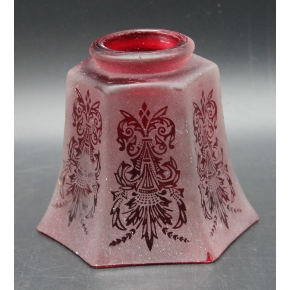 Vintage Ruby Red Frosted Glass Lamp Shade Art Deco Hexagonal Floral Pattern
